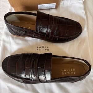 Jamie Haller Penny Loafers in Croc embossed leather 
Color - Espresso Croc